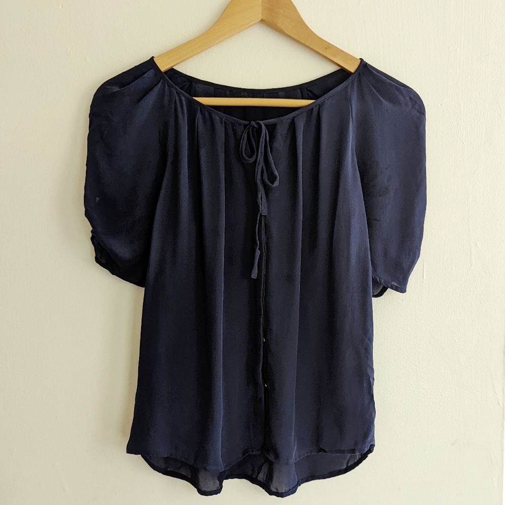 Navy Silk Peasant Top